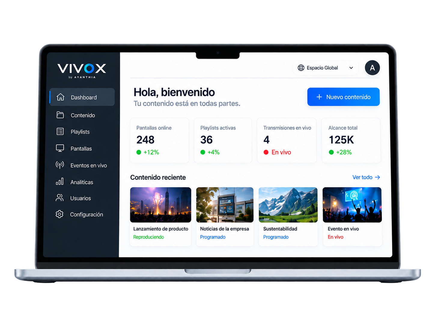Panel VIVOX mostrado en un computador portátil